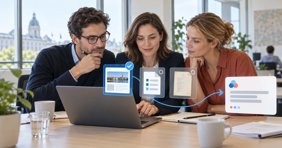 Ein Team vergleicht eine Webseite, ein digitales Dokument und eine gescannte Quelle für einen KI-Assistenten
