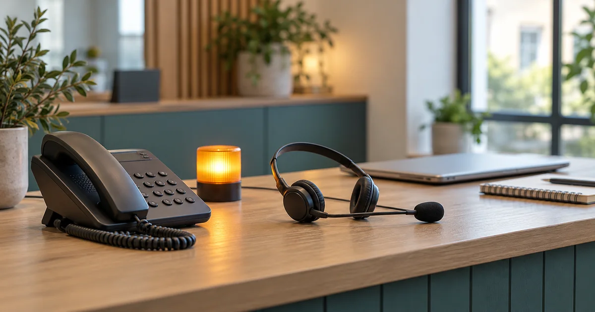 Telephone, headset and a small amber light on a customer support desk