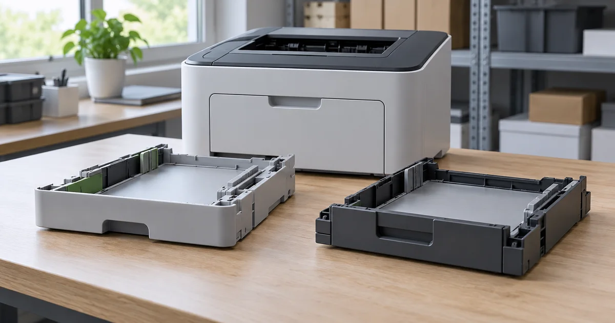 Illustrative printer and two different paper trays on a product inspection workbench