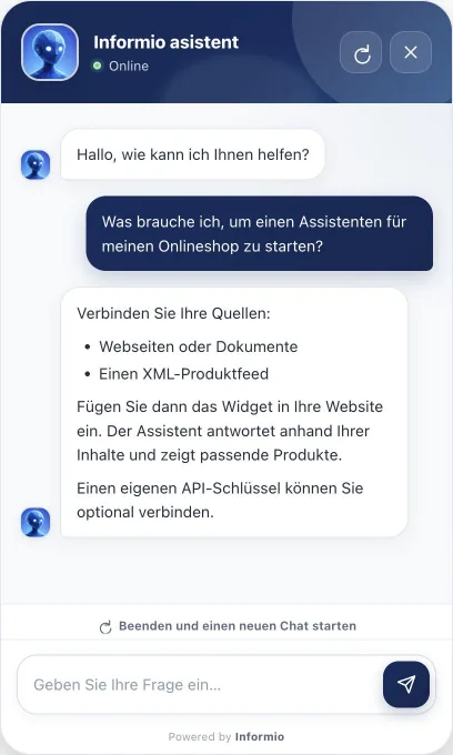 Informio-Assistent mit einer Antwort zur Anbindung eines Onlineshops und einem Feld für die nächste Frage.