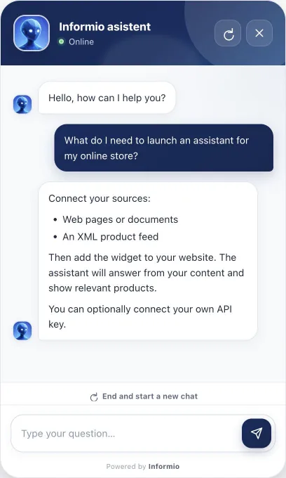 Informio assistant explaining how to connect an online store, with a field for the next question.