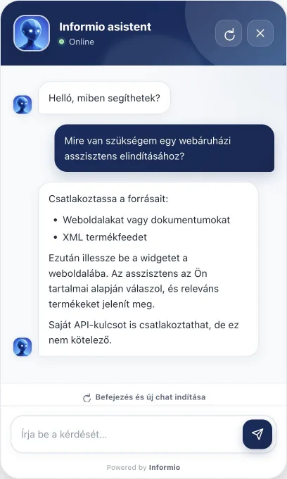 Informio-asszisztens a webáruház csatlakoztatásáról szóló válasszal és a következő kérdés beviteli mezőjével.